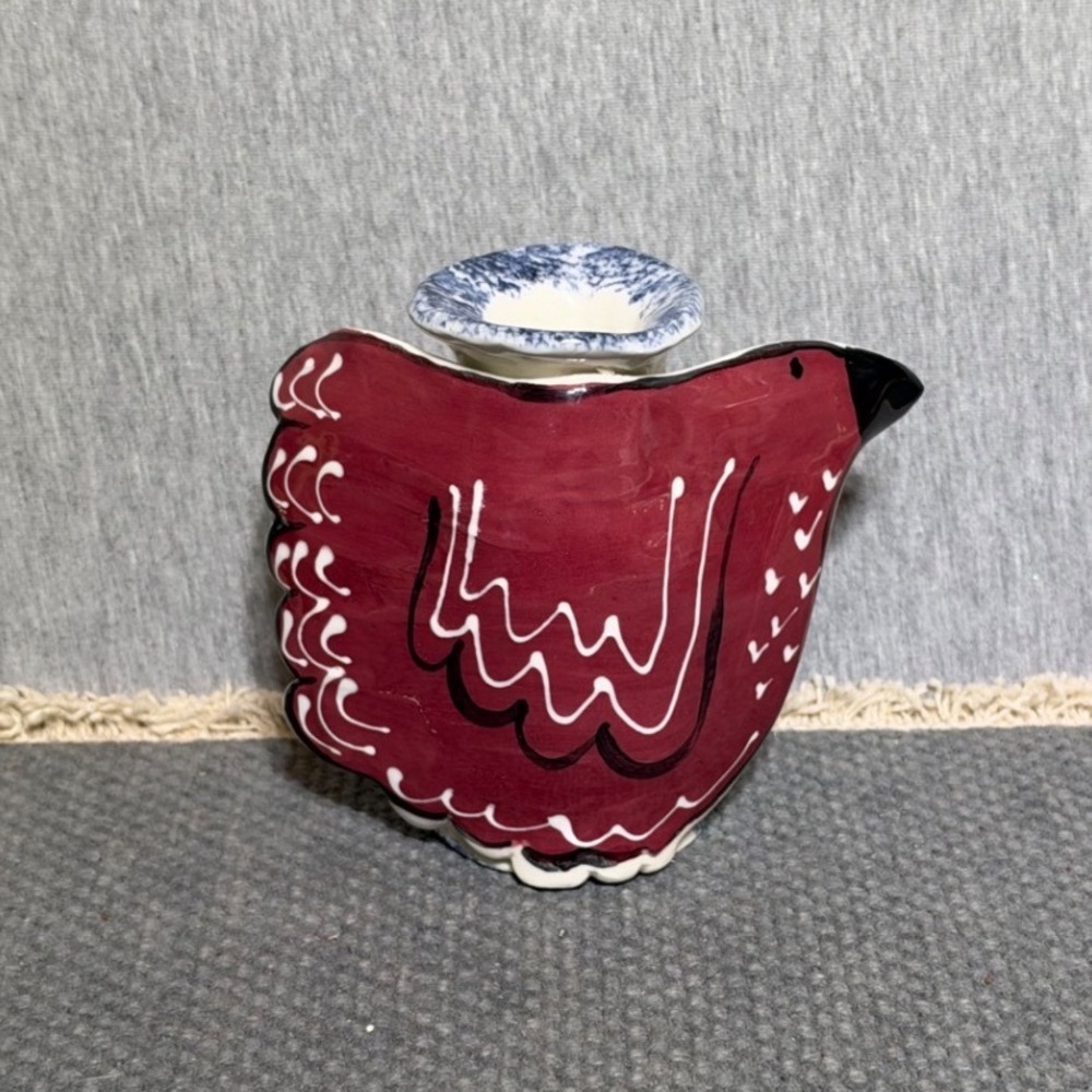 Hand Painted Ceramic Cardinal Bird Candle Holder Checkered Art Pottery Signed